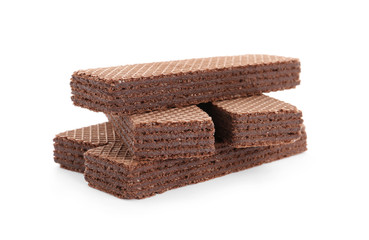 Delicious crispy wafers on white background. Sweet food
