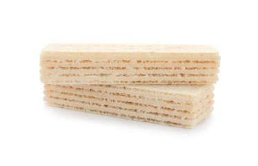 Delicious crispy wafers on white background. Sweet food