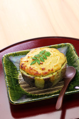 Kamo nasu no Dengaku, baked rounded eggplant with miso paste, traditional japanese kyoto cuisine