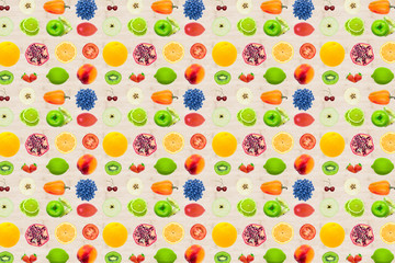 Texture, background, a lot of different fruits and vegetables on a wooden background, top view.