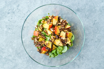 Purslane Salad with Peach Fruit, Roasted Walnuts and Pine Nuts.