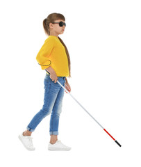 Blind girl with long cane walking on white background
