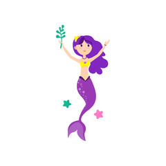 Young beautiful mermaid with purple color hair and tail