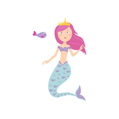 Cute mermaid with pink hair color and gold crown