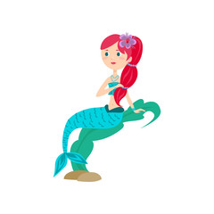 Cute red hair mermaid with green tail stay underwater