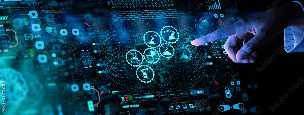 Poster Engineer hand check and control welding robotics automatic arms icon with machine in intelligent factory automotive industrial with UI monitoring system software.