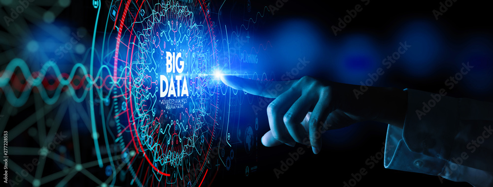 Aufkleber Big data in HUD and icon ui with hand selecting and pressing Big Data symbol and modern interface.
