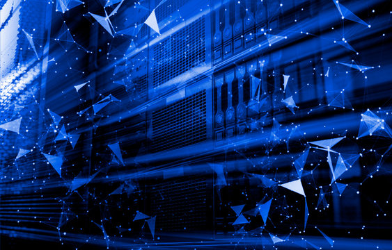Digital computer data and network connection triangle lines and spheres in futuristic technology concept Row of harddisk slot on computer server.