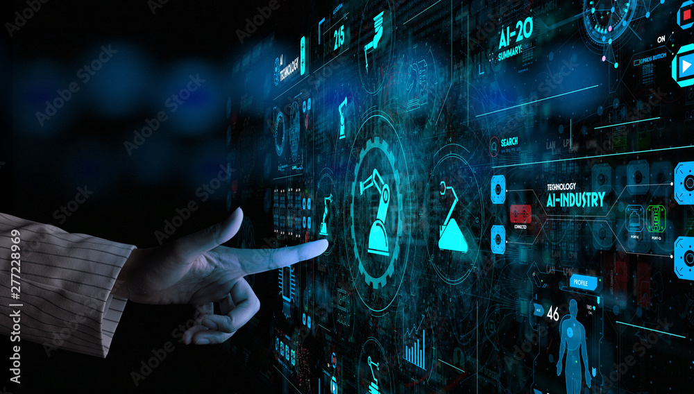 Poster Engineer hand check and control welding robotics automatic arms icon with machine in intelligent factory automotive industrial with UI monitoring system software.
