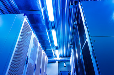 supercomputer clusters in the room data center.Modern network and telecommunication technology...