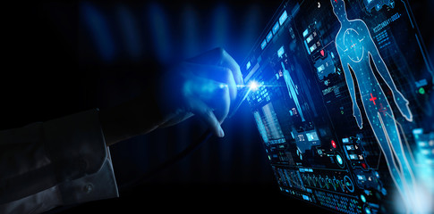 Medicine doctor and stethoscope in hand touching Ui and icon future of medical technology.