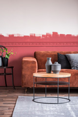Velvet grey and black pillows on comfortable brown couch in elegant living room with white and red wall