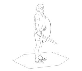 warrior character, contour visualization, 3D illustration, sketch, outline