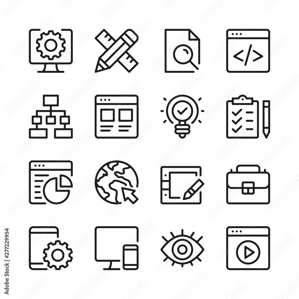 Fototapete web development line icons set. modern linear graphic design concepts, simple outline elements colle