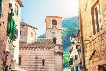 Ancient buildings in Old Town in Kotor, Montenegro. Famous travel destination.