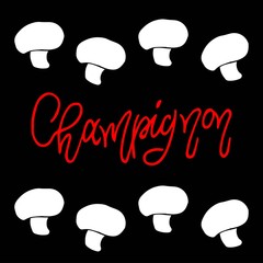 Champignon mushrooms isolated on black background, red ink, vector illustration in hand drawing design. 