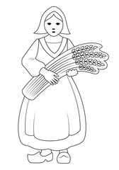 Bakery logo. Young woman in traditional clothes holding a bouquet of wheat vector illustration. Concept for organic flour, harvest and agriculture, grain, cereal products, bakery products.
