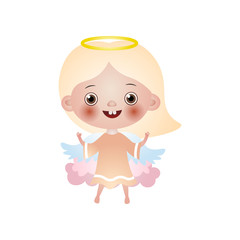 Cute blonde happy girl angel stay on pink cloud