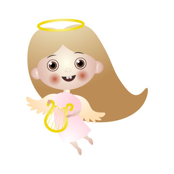 Cute brunette kid angel with gold harp and wings