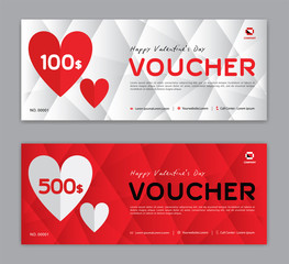 Gift Voucher template, Coupon, discount, for Happy Valentine's Day, Sale banner, Horizontal  layout, discount cards, headers, website, red background, vector illustration EPS10