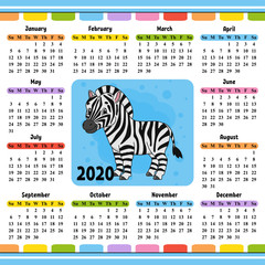 Calendar for 2020 with a cute character. Fun and bright design. Isolated vector illustration. Cartoon style.