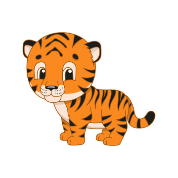 Striped tiger. Cute character. Colorful vector illustration. Cartoon style. Isolated on white background. Design element. Template for your design, books, stickers, cards, posters, clothes.