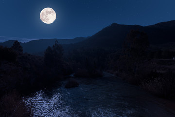 Fototapeta na wymiar A full moon night at the Spanish river Segura near Albacete. The moonlight illuminates the landscape, the mountains, the forests and reflects shimmering in the river.