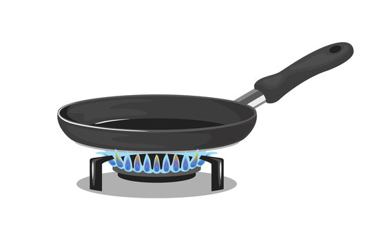 Frying pan on gas stove isolated on white background. Vector illustration of kitchen utensils in cartoon simple flat style. 