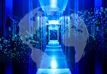 abstract planet earth of particles with a stream of binary data on the background of the data center, modern series of supercomputers