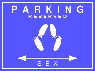 Illustration of road sign, parking area for sexual intercourse. The silhouette of the footprints, close together. Message isolated on blue background. Sex zone signaling arrow.