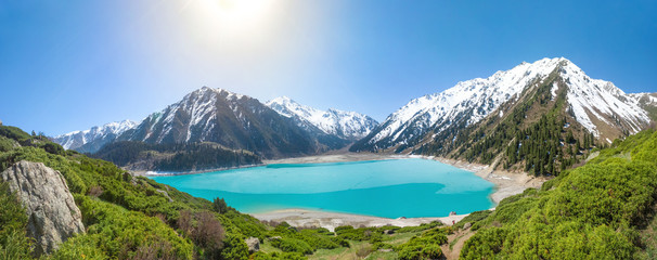 Naklejka na ściany i meble Panorama of Big Almaty Lake on Sunny summer day, Kazakhstan
