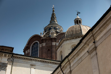 Duomo di Torino San Giovanni Battista catholic cathedral where the Holy Shroud of Turin is rested with bell tower and Sacra Sindone chapel on square in historical centre of Turin