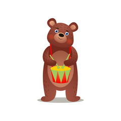 Cute brown bear with colorful drums and wood sticks