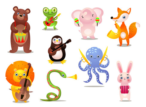 Set of cute colorful musician animals with different instrument