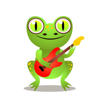 Cute funny green frog is playing at electric guitar