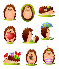 Set of cute funny forest hedgehog in different situations