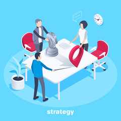 isometric vector image on a blue background, people in business clothes work in the office, meeting and building strategic plans in work