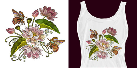 Classical embroidery pink lotuses, tropical butterfly, water lily. Trendy apparel design. Template for fashionable clothes, modern print for t-shirts, apparel art
