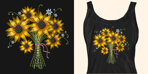 Embroidery bouquet of sunflowers. Trendy apparel design. Template for fashionable clothes, modern print for t-shirts, apparel art