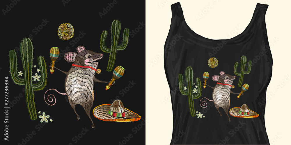 Wall mural Classical ethnic embroidery mouse in sombrero, mexican style. Trendy apparel design. Template for fashionable clothes, modern print for t-shirts, apparel art