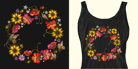 Embroidery wreath of flowers. Trendy apparel design. Template for fashionable clothes, modern print for t-shirts, apparel art