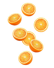 Falling orange slice isolated on white background, clipping path, full depth of field