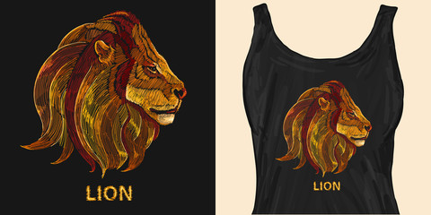 Classical embroidery head of a lion. King of beasts. Trendy apparel design. Template for fashionable clothes, modern print for t-shirts, apparel art