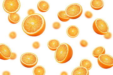 Falling orange slice isolated on white background, selective focus