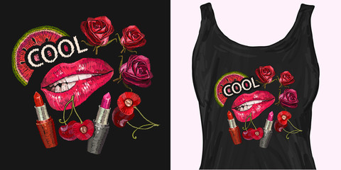 Embroidery, slogan cool. Female lips, roses. Trendy apparel design. Template for fashionable clothes, modern print for t-shirts, apparel art