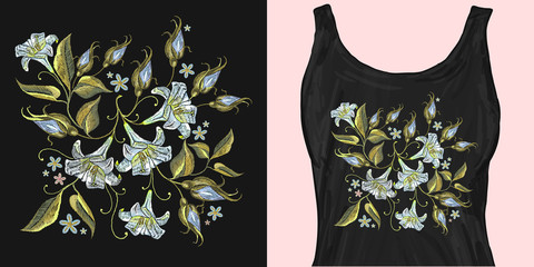Embroidery white lillies flowers. Trendy apparel design. Template for fashionable clothes, modern print for t-shirts, apparel art