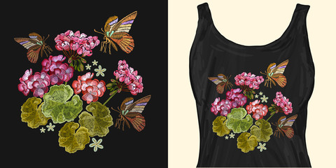 Embroidery geranium flowers and butterfly. Trendy apparel design. Template for fashionable clothes, modern print for t-shirts, apparel art