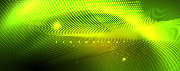Bright neon circles and wave lines, glowing shiny background design template, digital techno concept.