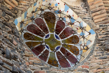 Details of external walls, windows of the Basilica of Colonia Guell, Spain, Antonio Gaudi