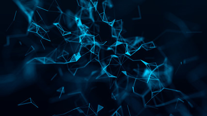 Abstract composition with connecting dots and lines and triangles. Blue background. Plexus effect.